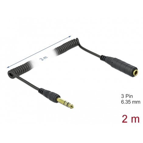 DeLOCK 2m Spiralkabel Verlängerung 6,35mm 3 Pin Klinkenstecker zu Klinkenbuchse - Schwarz